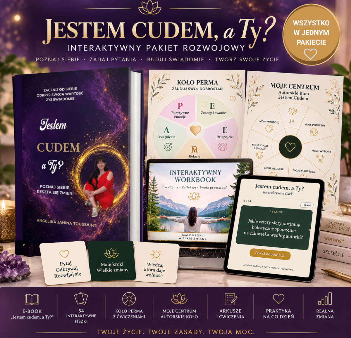 Jestem cudem, a Ty? – Interaktywny Pakiet Rozwojowy: e-book, fiszki, koło PERMA, autorskie koło, workbook i ćwiczenia